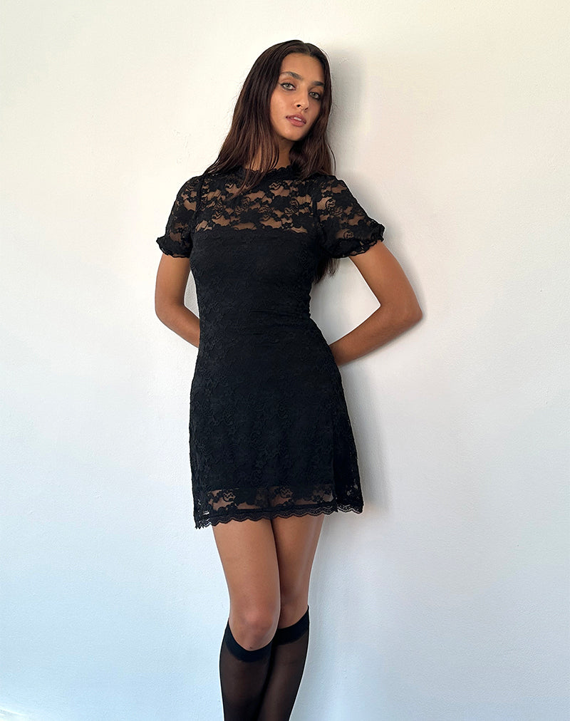 Mini robe de thé Adele en dentelle noire au jasmin