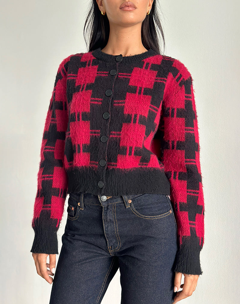 Cardigan Anzio en maille à carreaux noirs et rouges