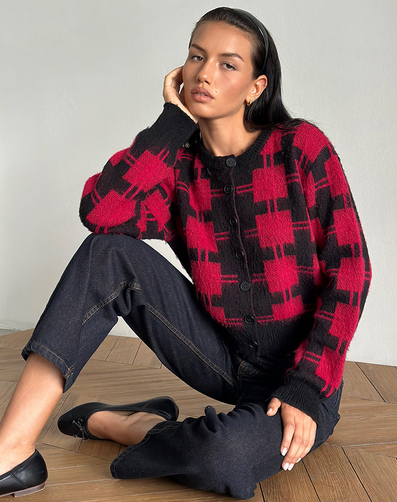 Cardigan Anzio en maille à carreaux noirs et rouges