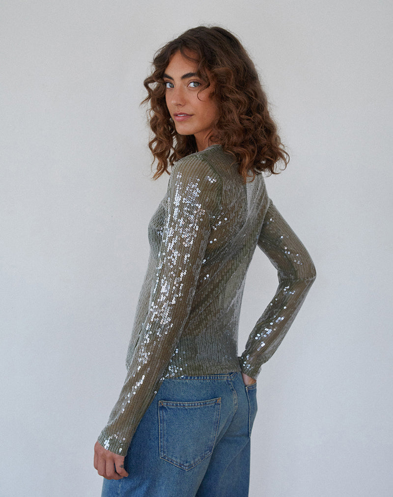 Image de l'Ashram Top in Clear Khaki Green Sequin