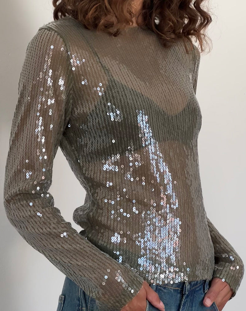 Image de l'Ashram Top in Clear Khaki Green Sequin