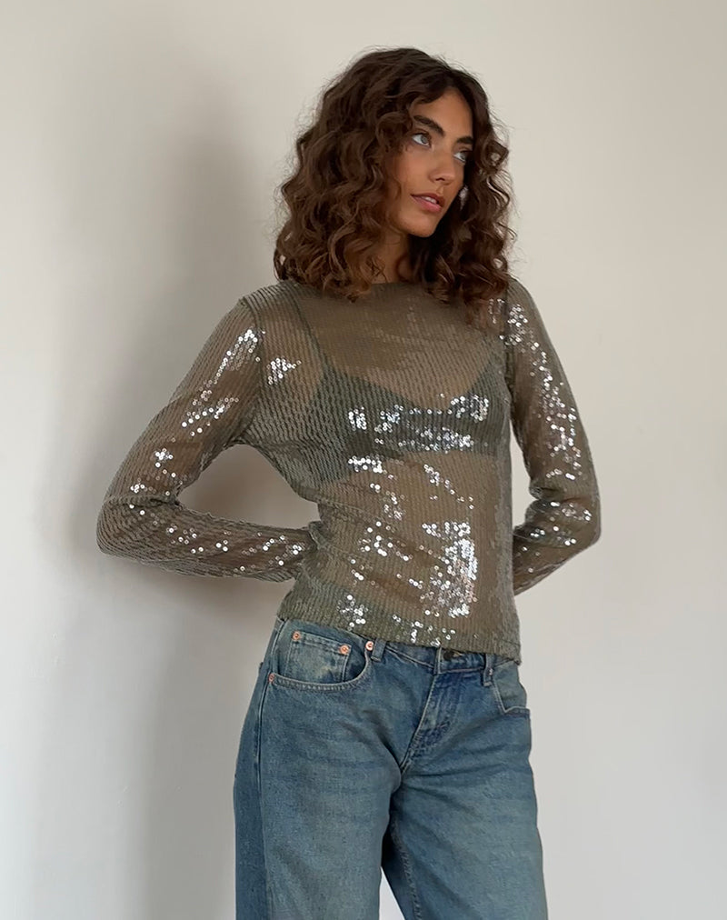 Image de l'Ashram Top in Clear Khaki Green Sequin