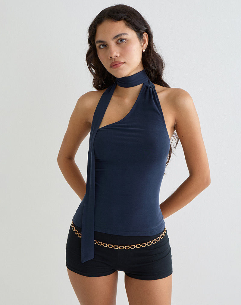 Image de Aspyn High Neck Tie Top in Cupro Navy