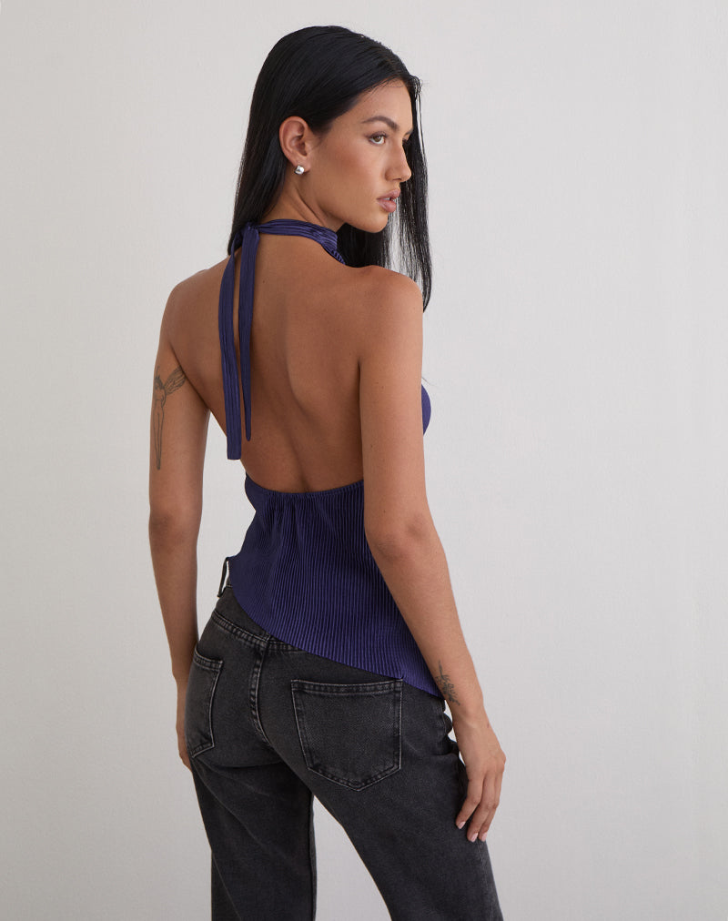 Image de Atsila High Neck Sleeveless Top in Plisse Navy