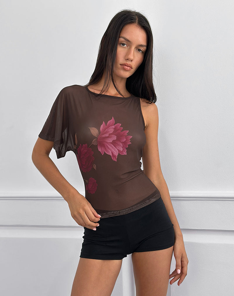 Top asymétrique Balsa en marron avec imprimé de fleurs roses