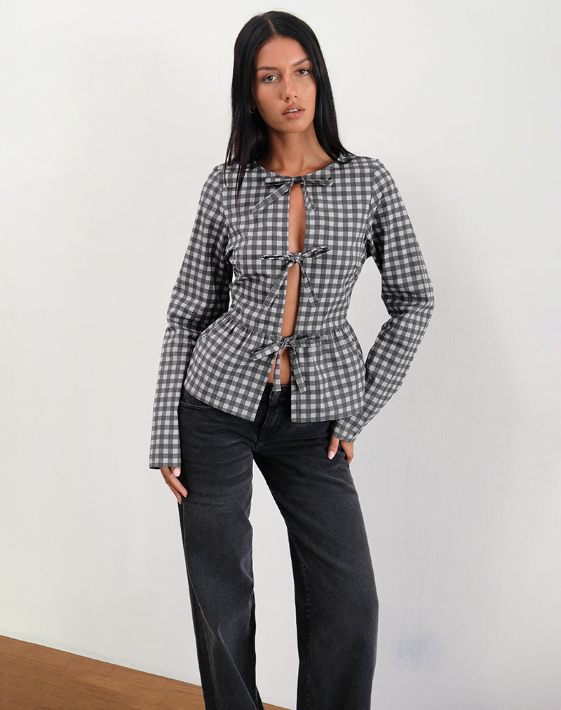 Bertaria Long Sleeve Top in Tonal Gingham Black and Grey (Top à manches longues Bertaria en vichy ton sur ton noir et gris)