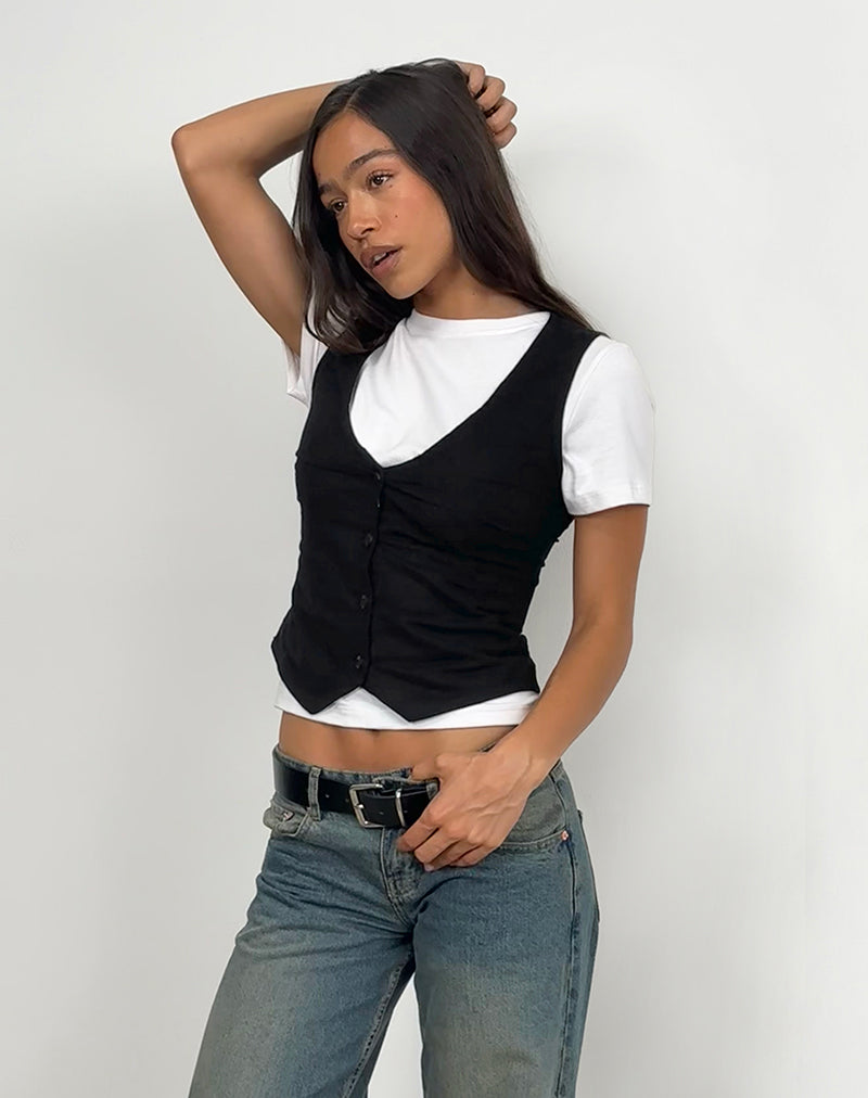 Cyna Button Through Vest Top, lin noir