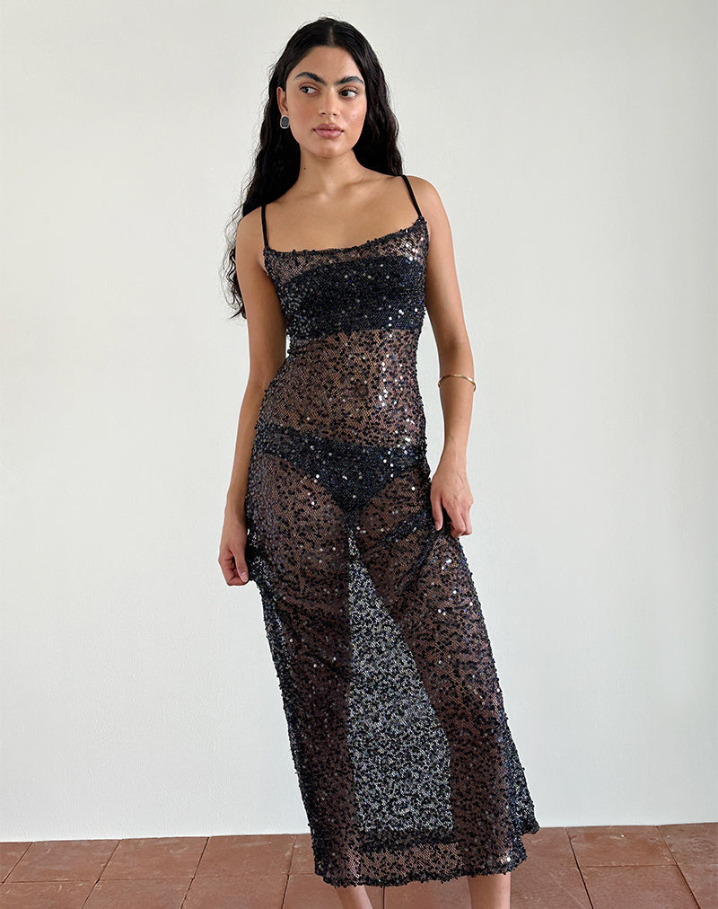 Darsih Maxi Dress in Sequin Mesh Black (Robe longue en maille pailletée)
