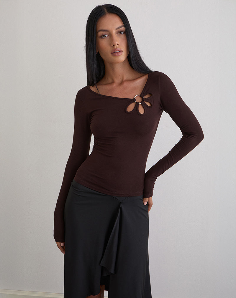 Donela Long Sleeve Top with Flower Ring in Bitter Chocolate (Top à manches longues avec anneau de fleur en chocolat amer)