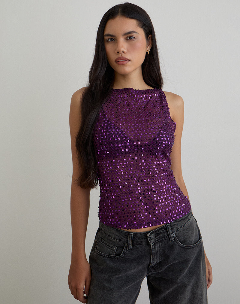 Image Dudley Vest Top in Sequin Knit Plum Wine
