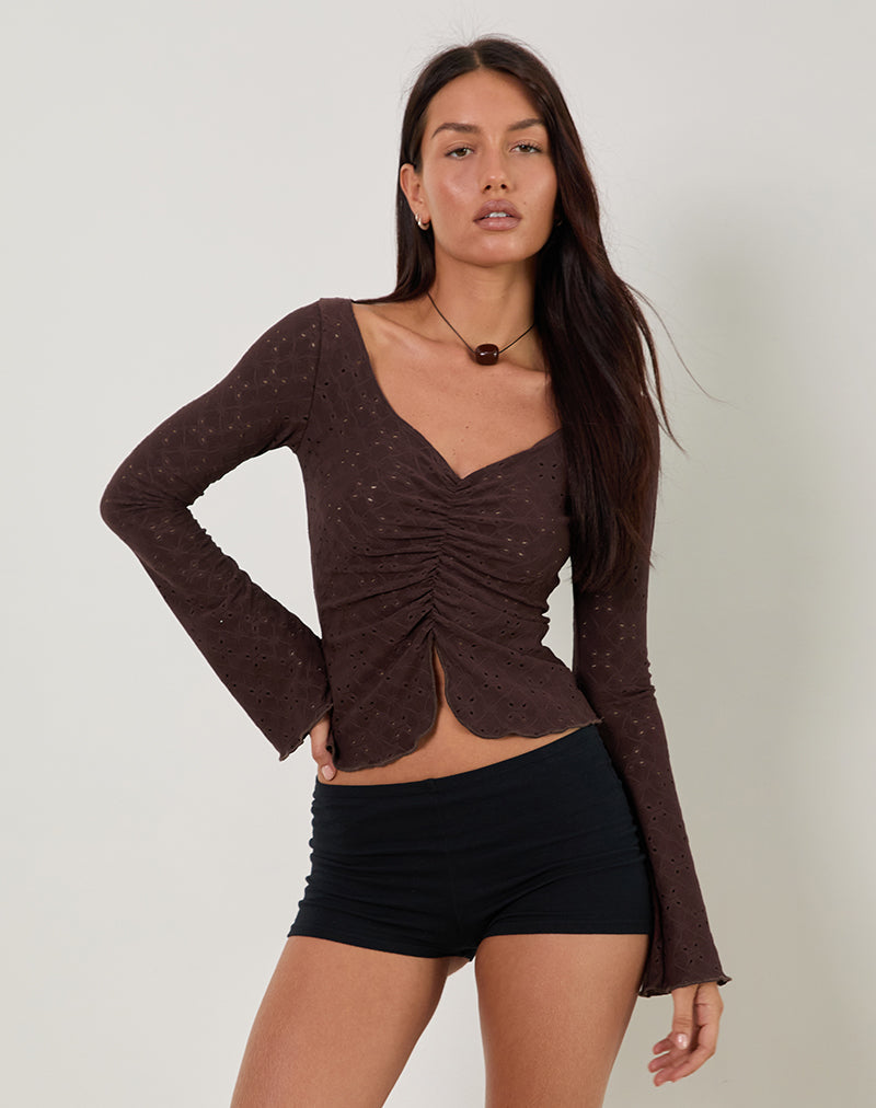 Top froncé Flonne en broderie stretch marron