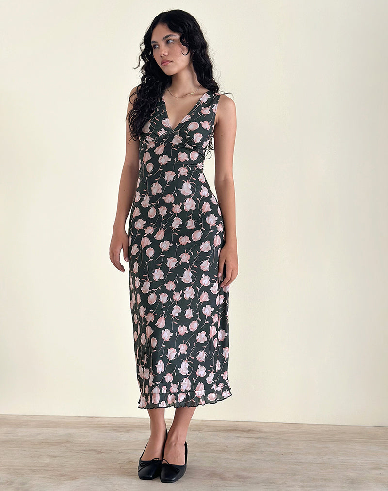 Robe midi Gabriela, Falling Rose Jet Black