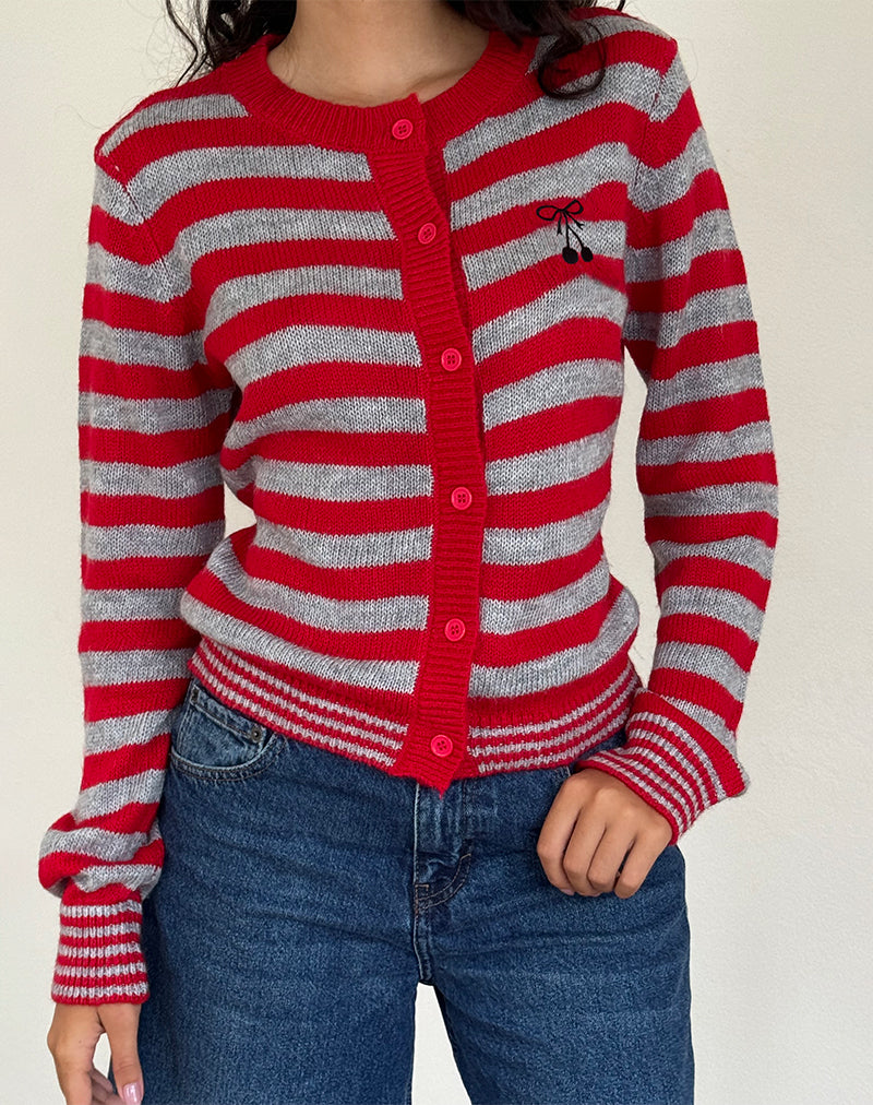Cardigan Henidar à rayures rouges et grises avec emblème cerise