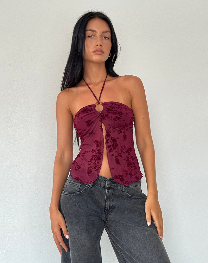Top Janar en Botanical Flower Maroon