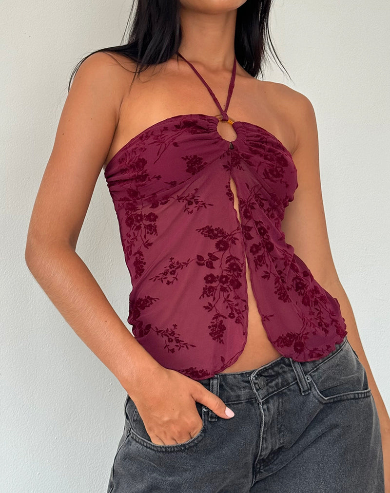 Top Janar en Botanical Flower Maroon