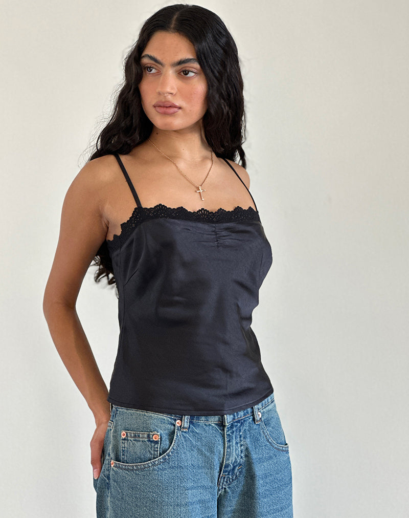 Top Kira en satin noir avec dentelle noire