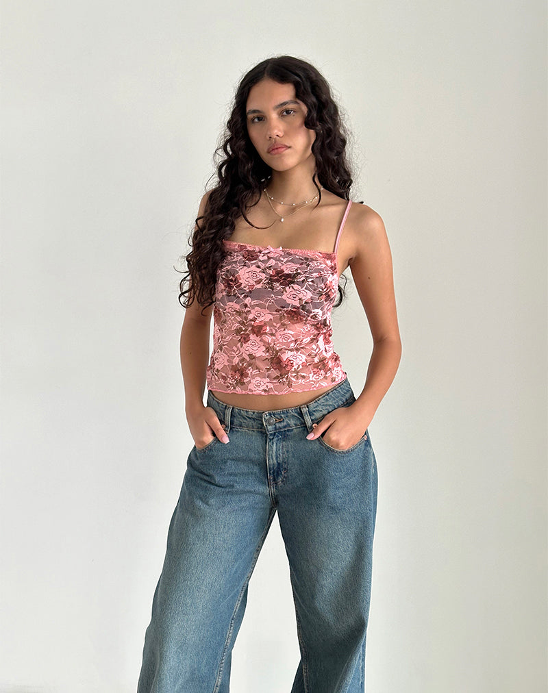 Top Magita en dentelle rose fleurie