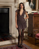 Image of Mowgli Cap Sleeve Mini Dress in Brown with Micro Polka Pink Print