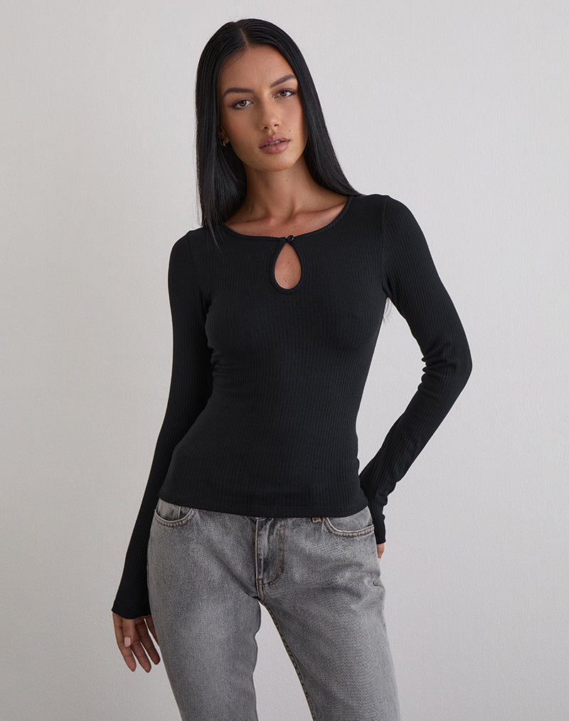 Nique Long Sleeve Top in Thick Rib Black (Top à manches longues en côtes épaisses)
