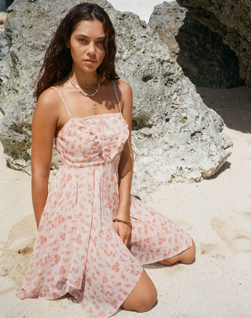 Raftar - Mini robe en mousseline à volants - Peach Cherry Blossom