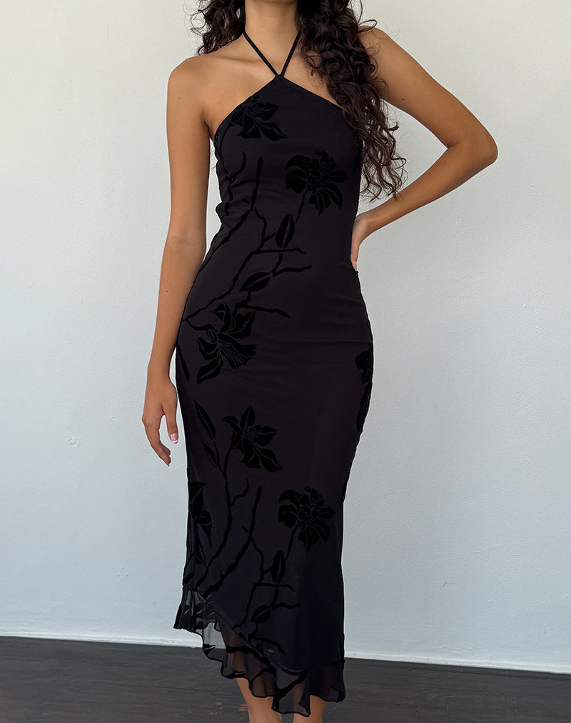 Ribka - Robe midi à encolure dégagée - Orchids Flock - Noir