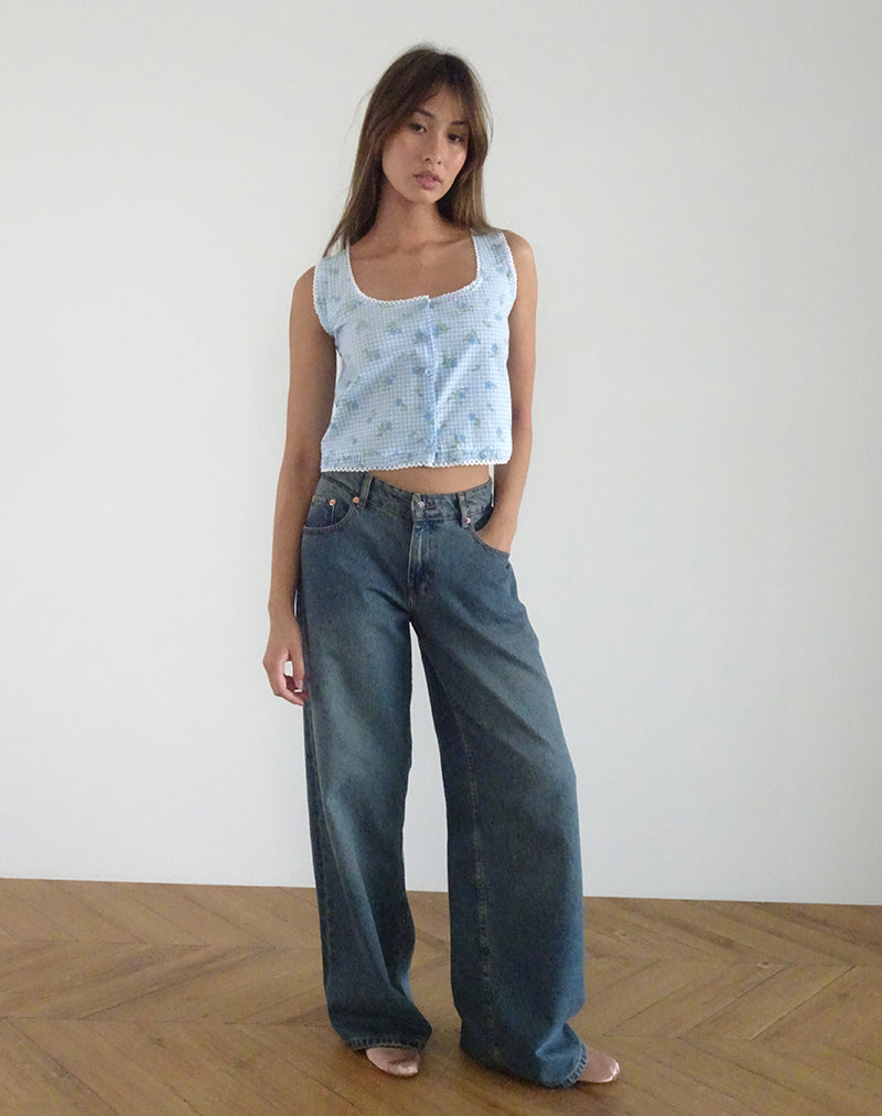 Top Ternya en vichy à fleurs bleues