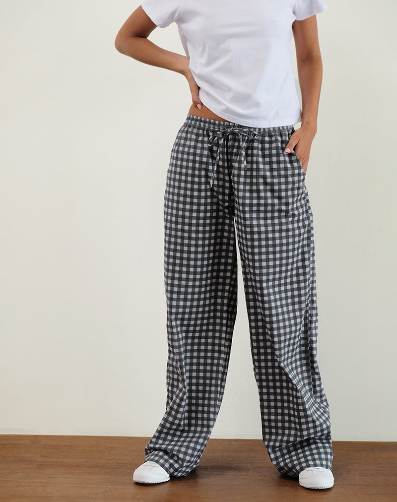 Pantalon large en lin Wasic, vichy ton sur ton noir et gris