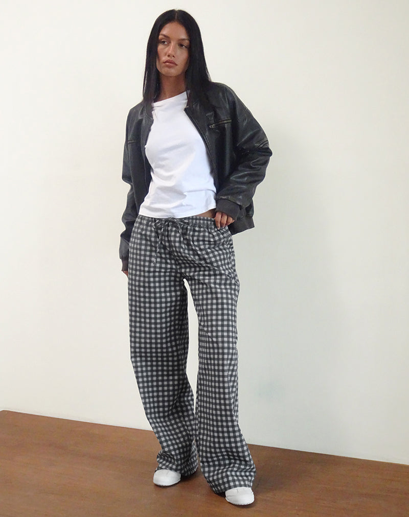 Pantalon large en lin Wasic, vichy ton sur ton noir et gris