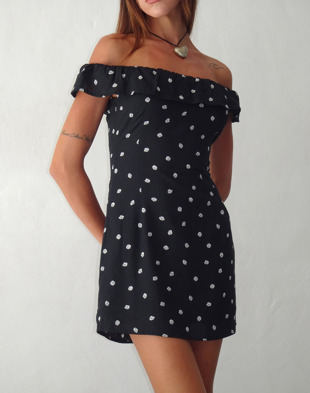 Yudia Bardot Mini Dress in Ditsy Rose Black