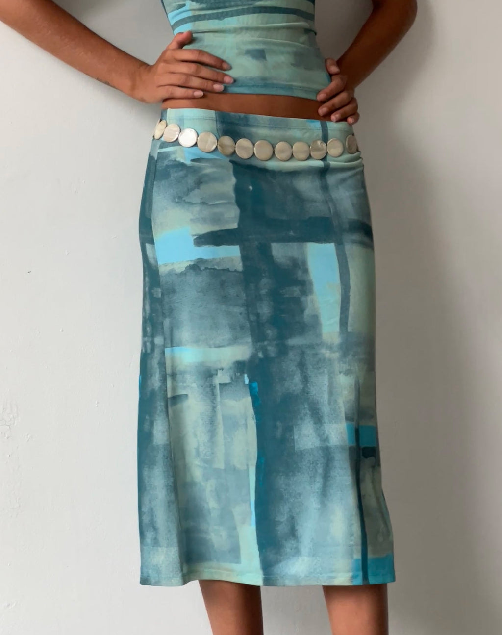 MOTEL X JACQUIE Jupe midi Gia en maille abstraite Paint Brush Green