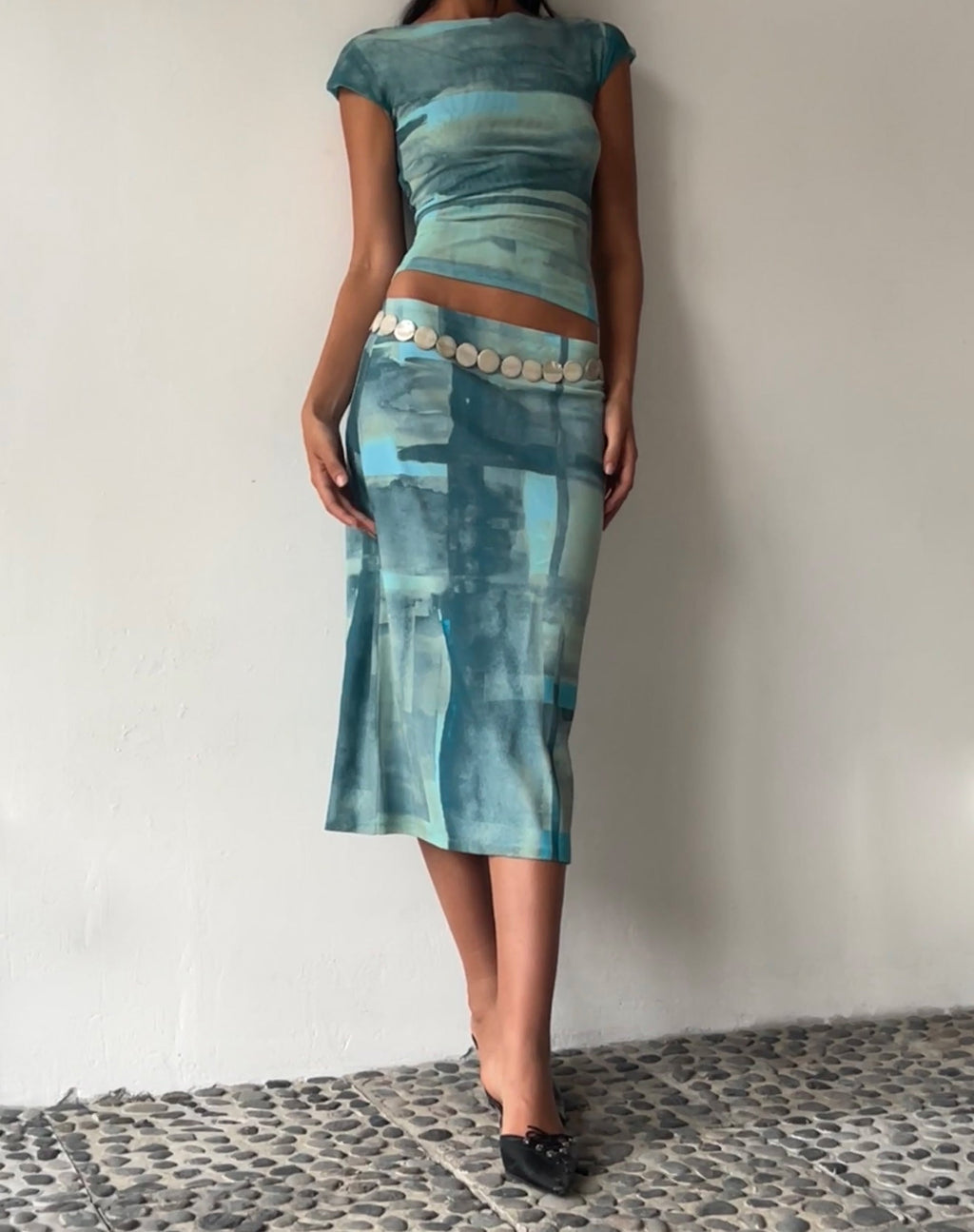 MOTEL X JACQUIE Jupe midi Gia en maille abstraite Paint Brush Green