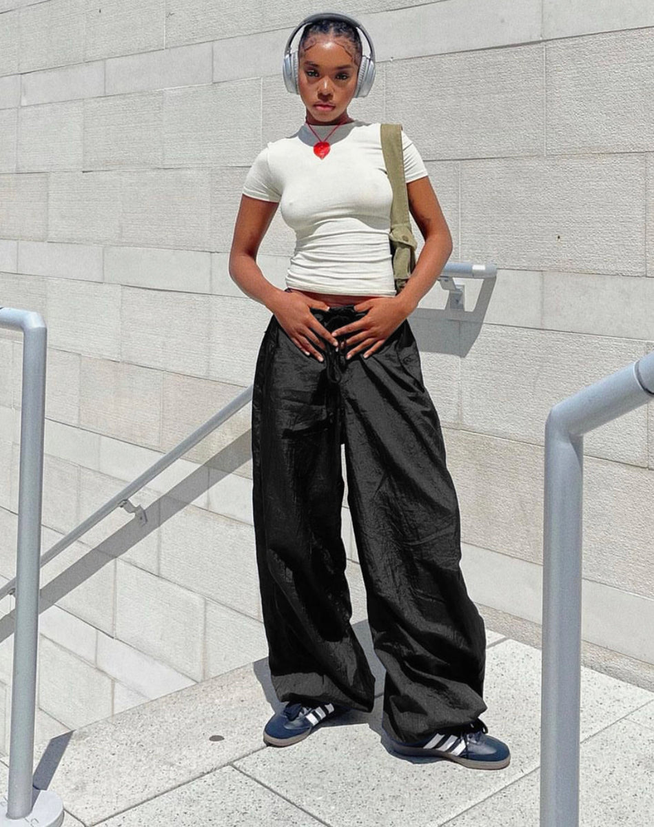 motel rocks parachute パラシュート　カーゴパンツ Pantalon parachute noir à jambes larges | Chute - motelrocks-com-eur