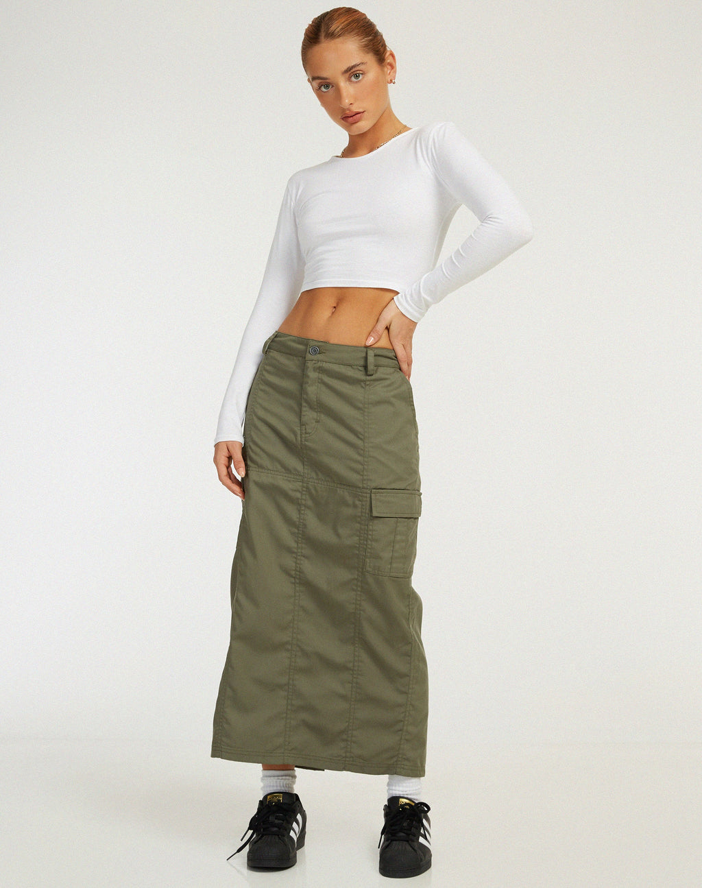 Widya Cargo Midi Skirt, Dark Olive