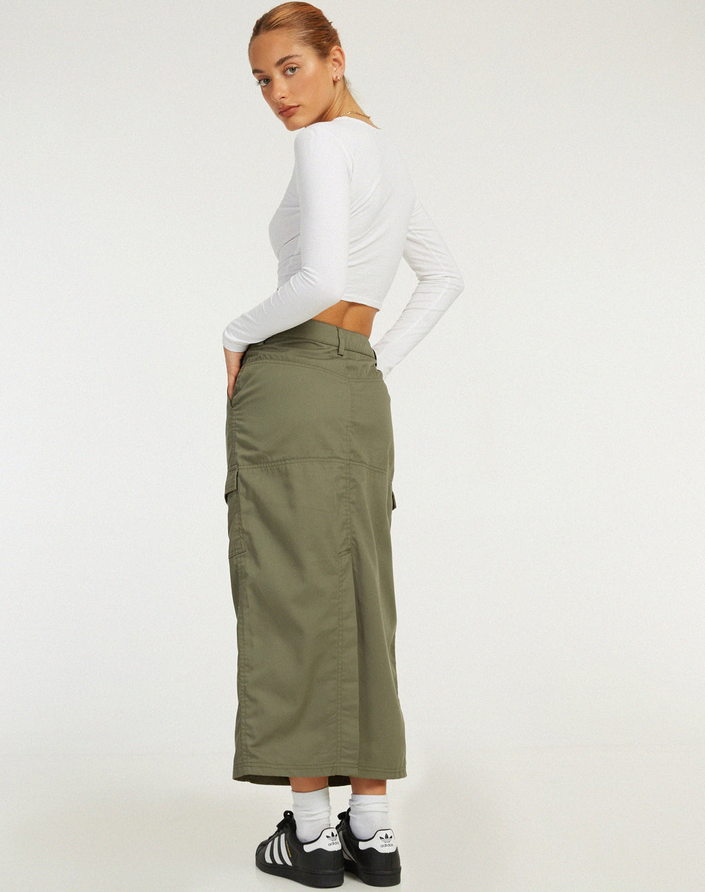 Widya Cargo Midi Skirt, Dark Olive