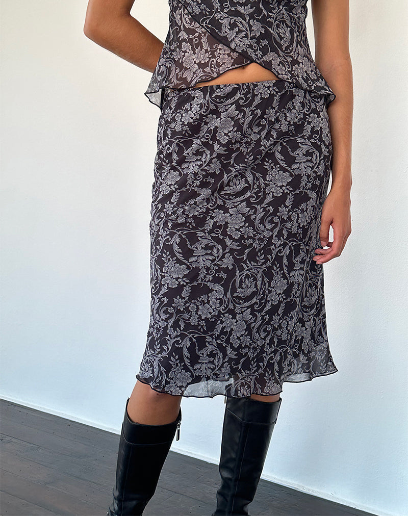 Jupe midi Abetzi, imprimé noir baroque