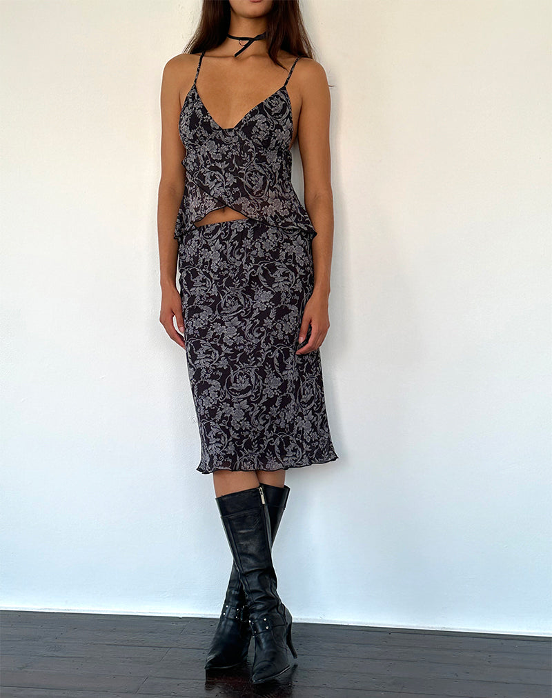 Jupe midi Abetzi, imprimé noir baroque