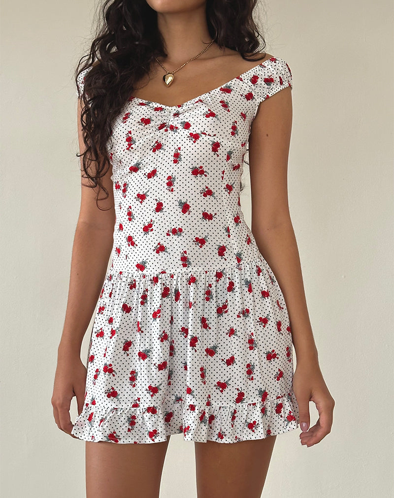 Aca - Mini robe bardot en blanc rose à pois