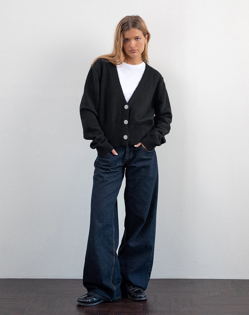 Cardigan en maille Acera noir avec boutons fleuris argentés