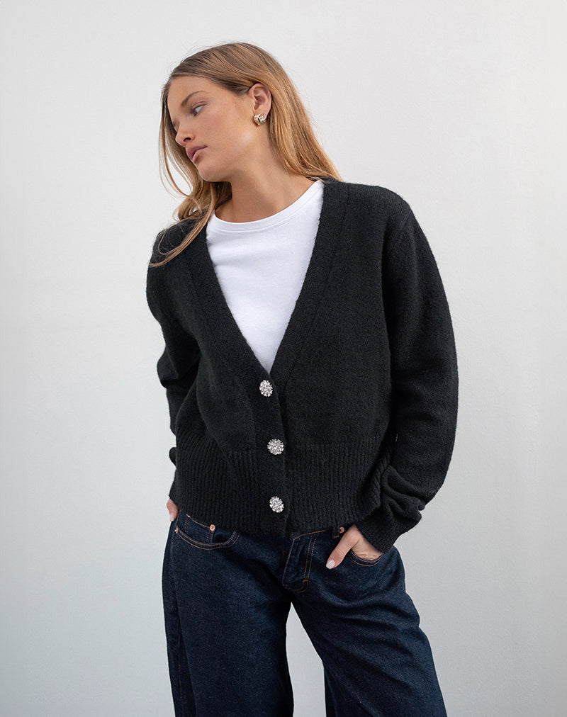 Cardigan en maille Acera noir avec boutons fleuris argentés