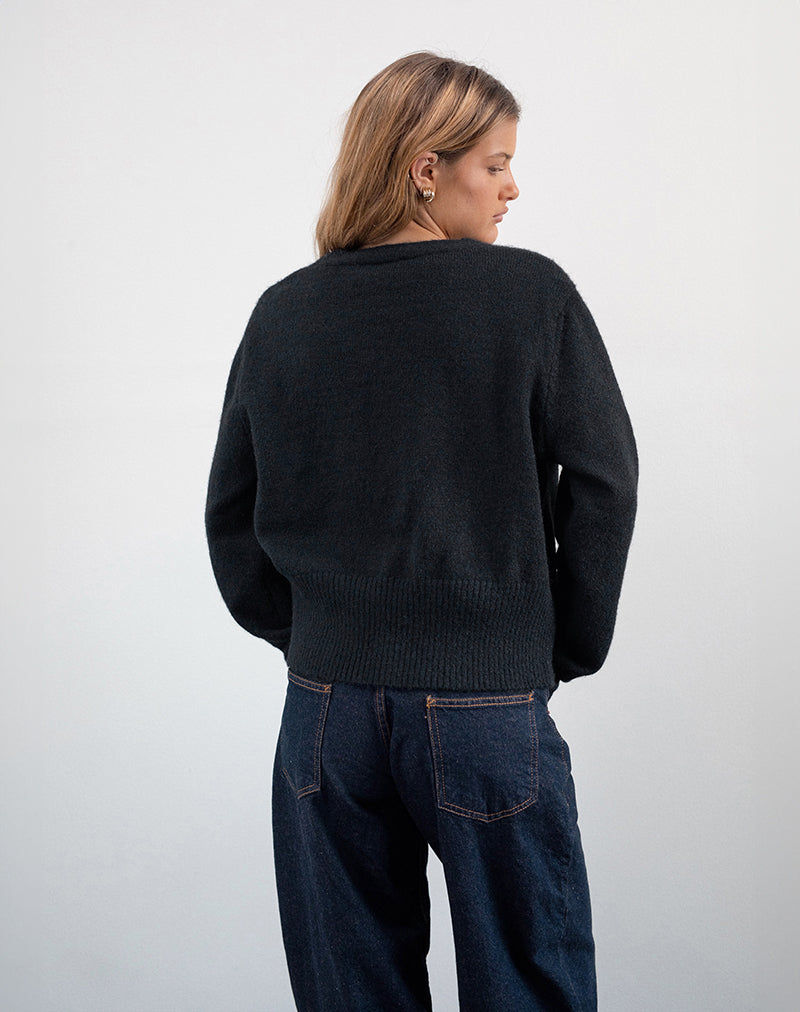 Image de Acera Cardigan tricoté en noir avec boutons fleuris argentés