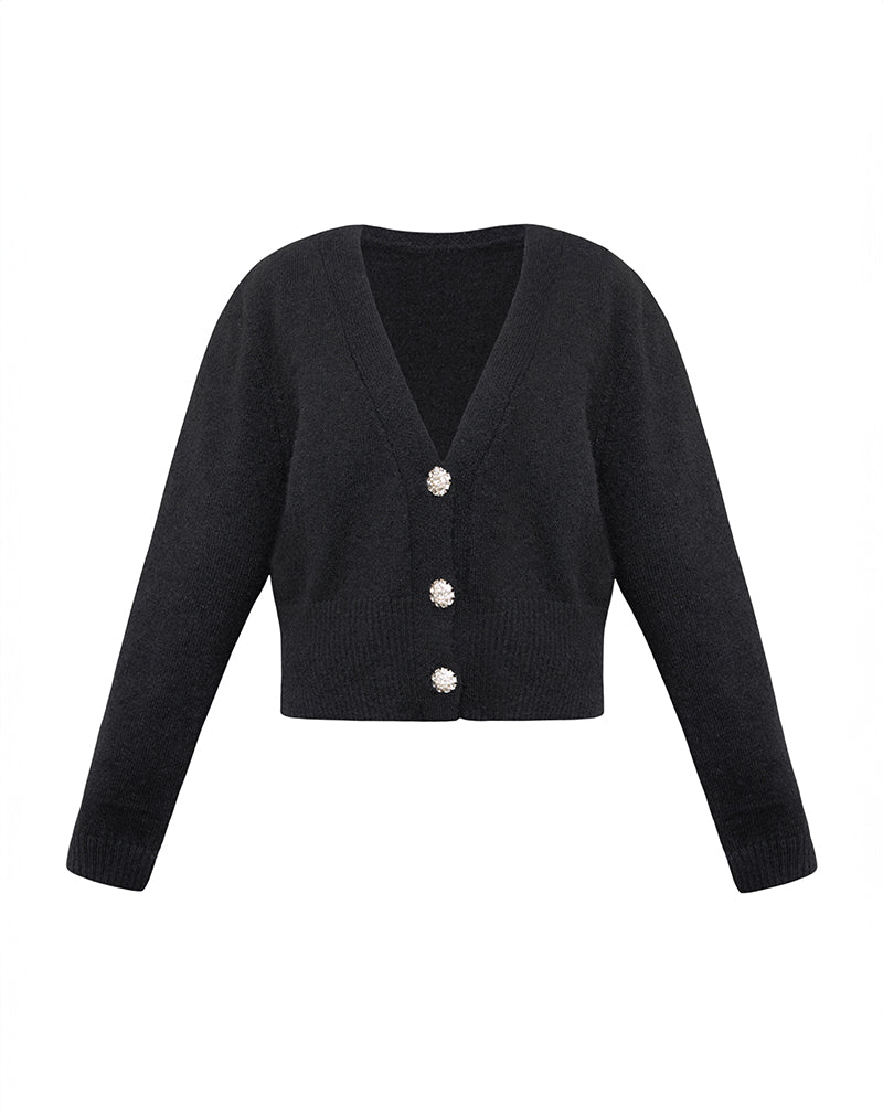 Image de Acera Cardigan tricoté en noir avec boutons fleuris argentés