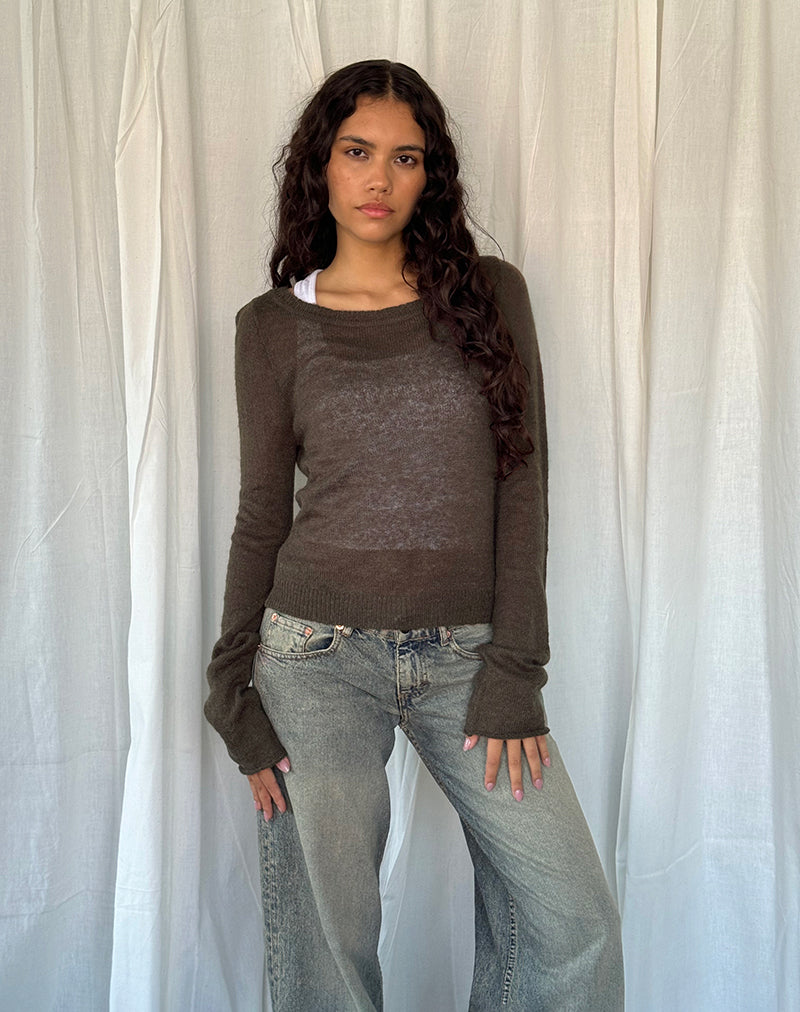 Addison Long Sleeve Sheer Knit Top in Dark Chocolate (Top à manches longues en tricot transparent)