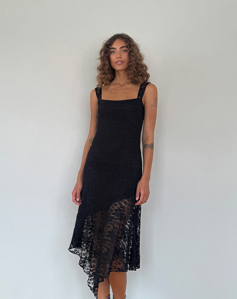 Adeliza - Robe midi asymétrique en dentelle florale - Noir de jais