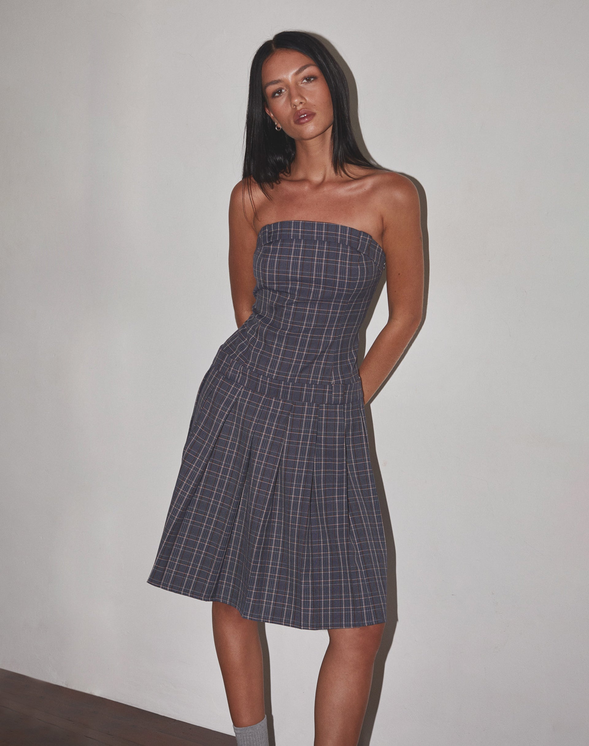 Image de Aldari Bandeau Midi Dress Tailoring Navy Check