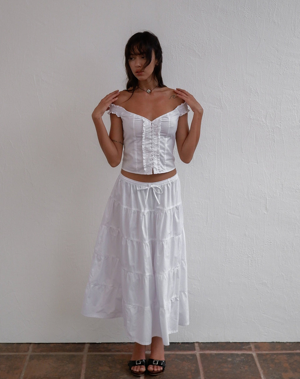 Izumi Tiered Midi Skirt, Poplin White