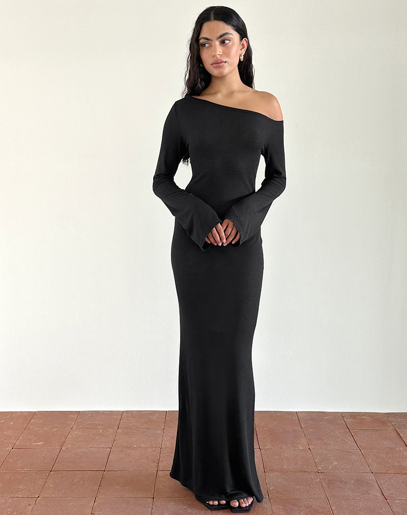 Image of Aldiana Long Sleeve Asymmetric Maxi Dress in Sheer Knit Black