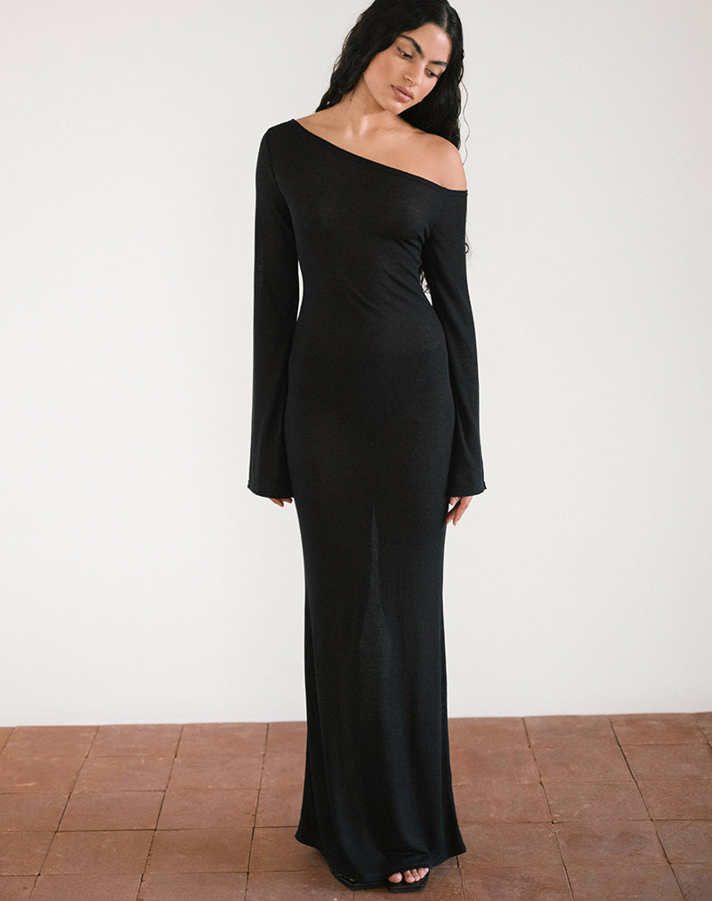 Aldiana - Robe longue asymétrique à manches longues en maille transparente - Noir