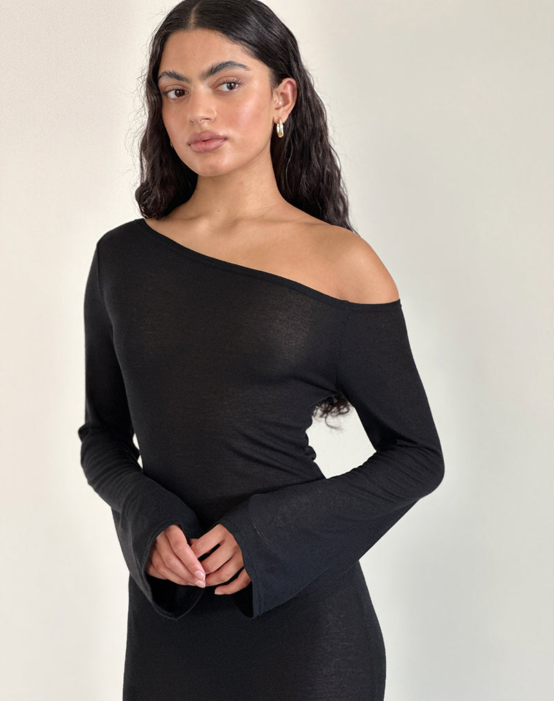 Image of Aldiana Long Sleeve Asymmetric Maxi Dress in Sheer Knit Black