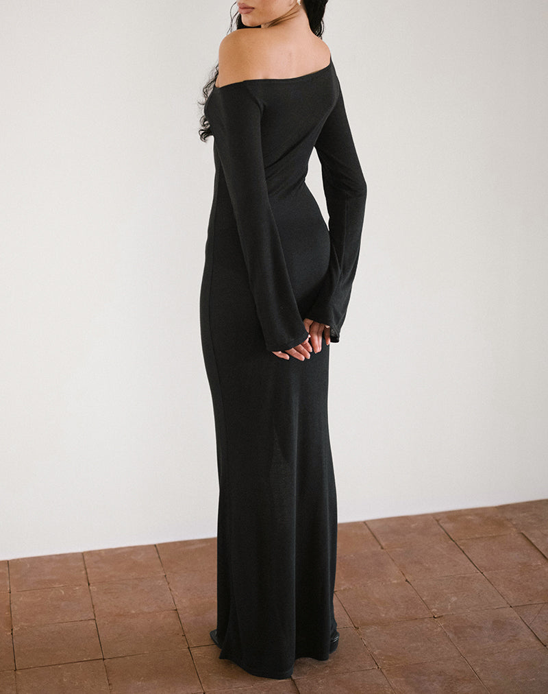 Aldiana - Robe longue asymétrique à manches longues en maille transparente - Noir