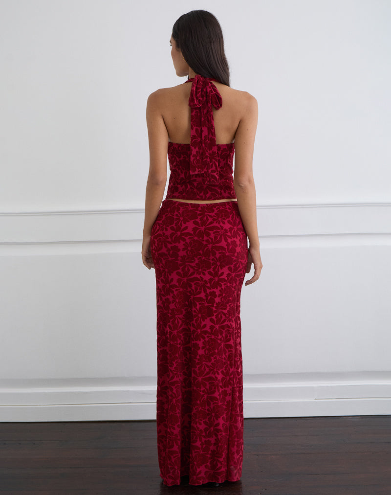 Image de la jupe longue Alfreda en maille floquée Flower Cherry